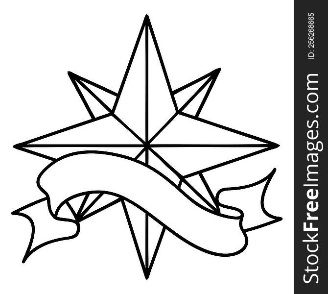 traditional black linework tattoo with banner of a star