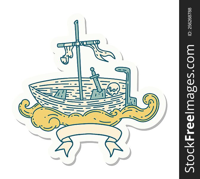 sticker of tattoo style empty boat with skull