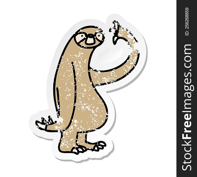 Distressed Sticker Of A Quirky Hand Drawn Cartoon Sloth