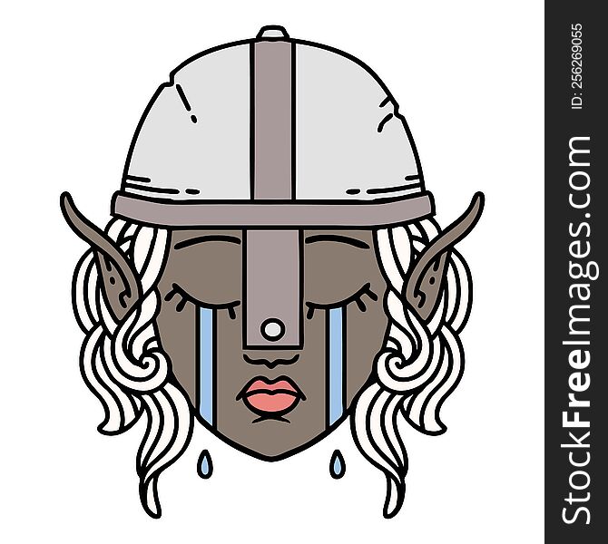 Retro Tattoo Style crying elven fighter character face. Retro Tattoo Style crying elven fighter character face