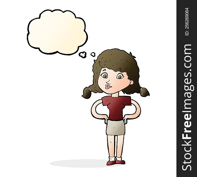Cartoon Pretty Girl With Hands On Hips With Thought Bubble