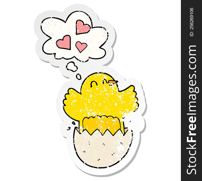 cute hatching chick cartoon with thought bubble as a distressed worn sticker