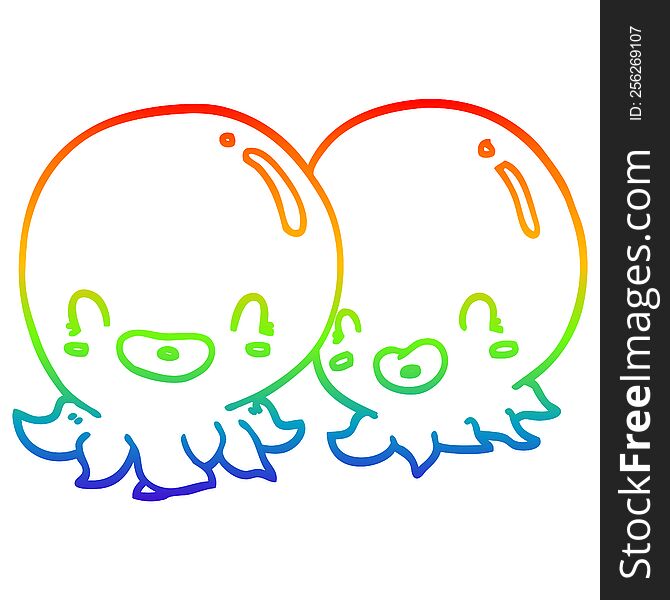 rainbow gradient line drawing of a two cartoon octopi