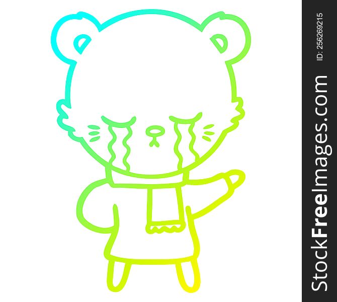 cold gradient line drawing of a crying cartoon bear wearing winter clothes
