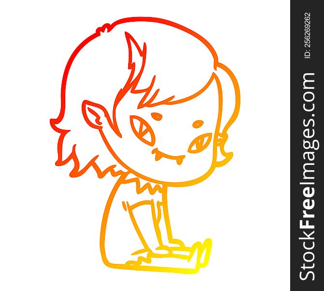 warm gradient line drawing of a cartoon friendly vampire girl sat down