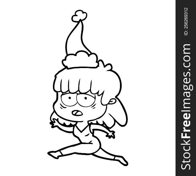 hand drawn line drawing of a tired woman wearing santa hat