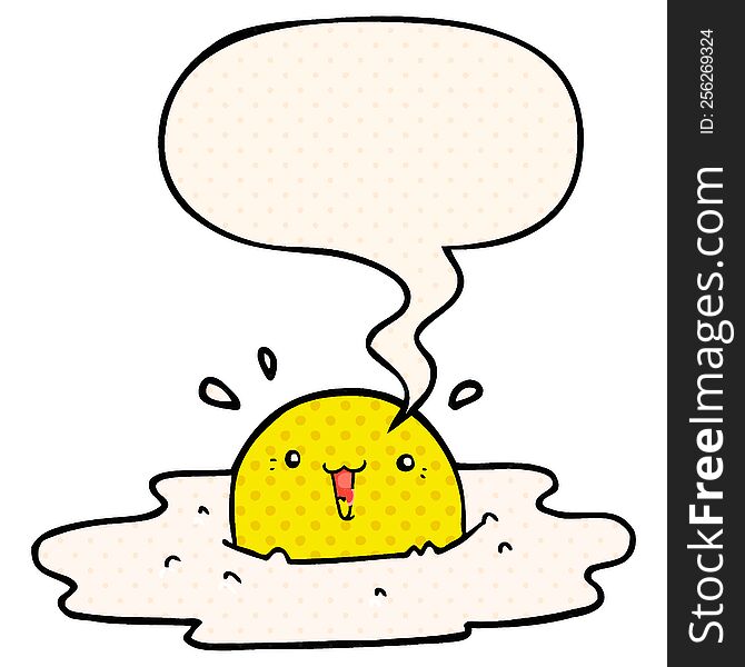 cute cartoon fried egg with speech bubble in comic book style