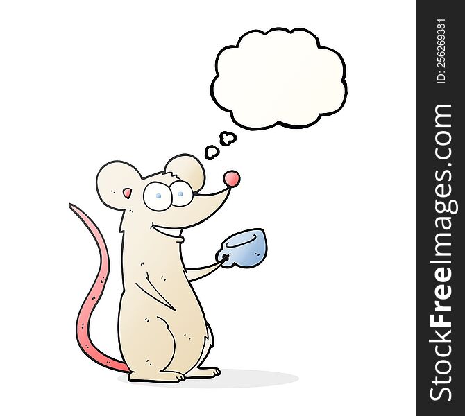 freehand drawn thought bubble cartoon mouse with cup of tea