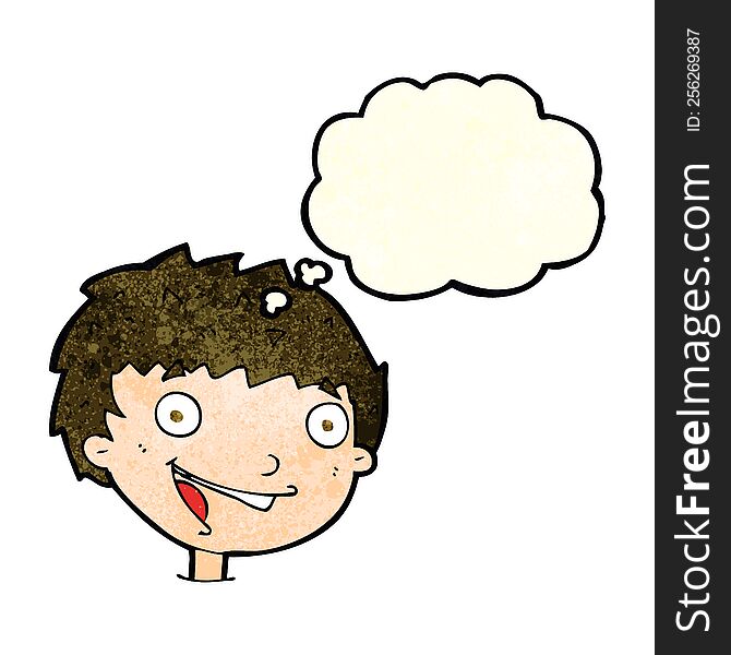 cartoon laughing boy with thought bubble