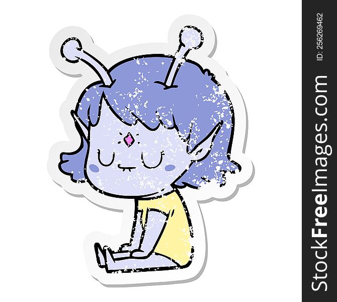 distressed sticker of a cartoon alien girl sitting