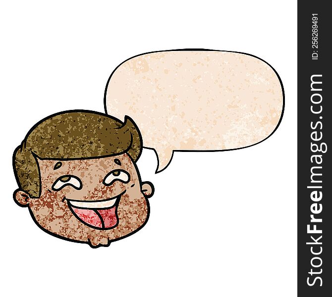 happy cartoon male face with speech bubble in retro texture style