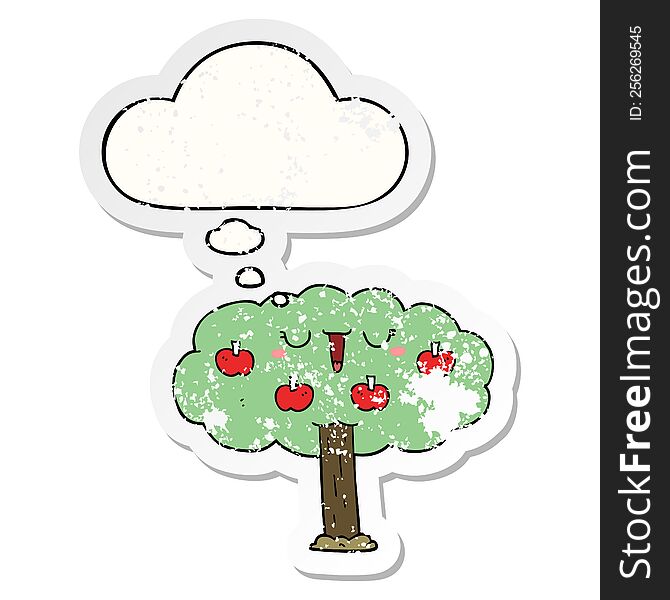 Cartoon Apple Tree And Thought Bubble As A Distressed Worn Sticker