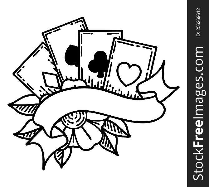 tattoo in black line style of cards and banner. tattoo in black line style of cards and banner