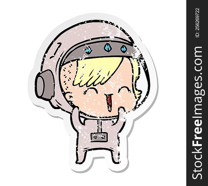 Distressed Sticker Of A Cartoon Laughing Astronaut Girl