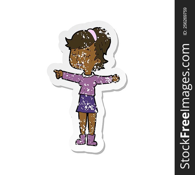 Retro Distressed Sticker Of A Cartoon Happy Woman Pointing