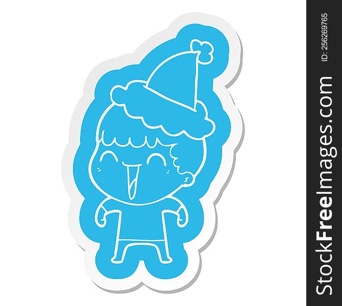 quirky cartoon  sticker of a happy man wearing santa hat