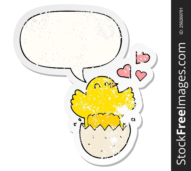 cute hatching chick cartoon with speech bubble distressed distressed old sticker. cute hatching chick cartoon with speech bubble distressed distressed old sticker