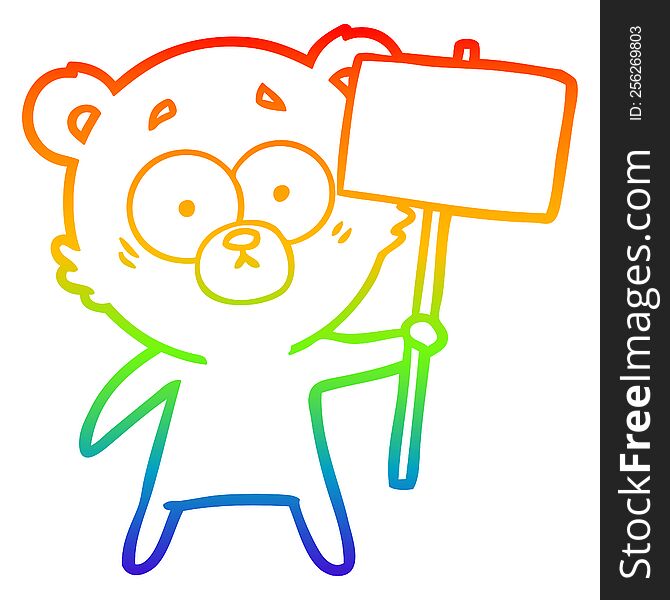 rainbow gradient line drawing of a nervous polar bear cartoon with protest sign