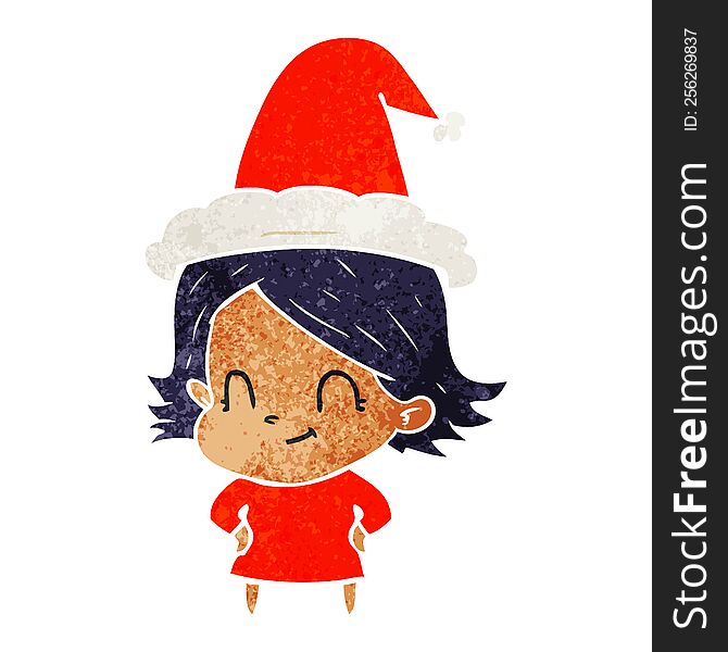 hand drawn retro cartoon of a friendly girl wearing santa hat