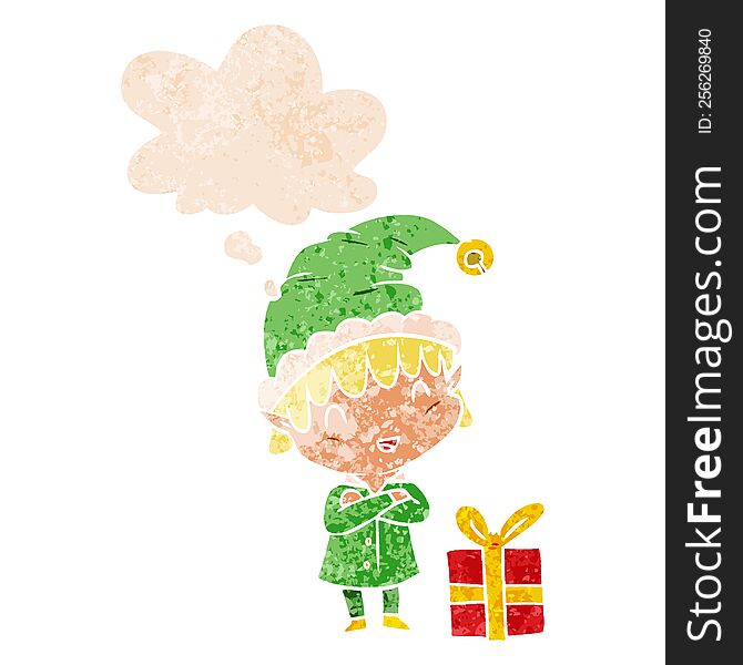 Cartoon Happy Christmas Elf And Thought Bubble In Retro Textured Style