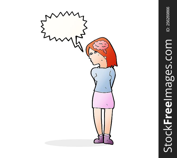 cartoon brainy woman with speech bubble