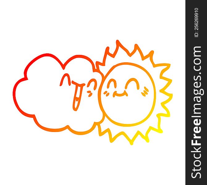 warm gradient line drawing cartoon happy sun and cloud