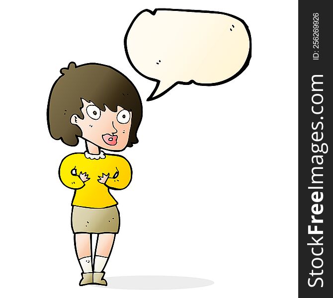 cartoon woman making Who Me gesture with speech bubble