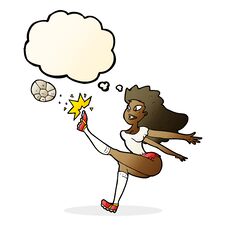 Cartoon Female Soccer Player Kicking Ball With Thought Bubble Stock Image