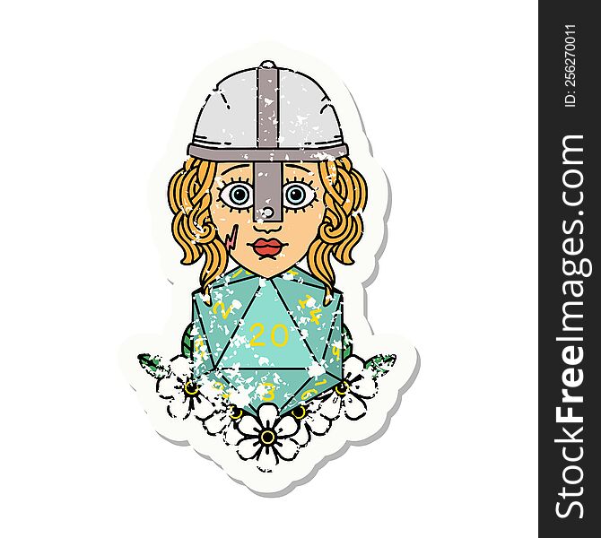 grunge sticker of a human fighter with natural 20 D20 dice roll. grunge sticker of a human fighter with natural 20 D20 dice roll