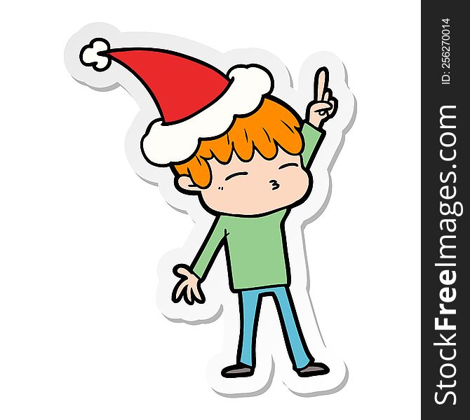 Sticker Cartoon Of A Curious Boy Wearing Santa Hat