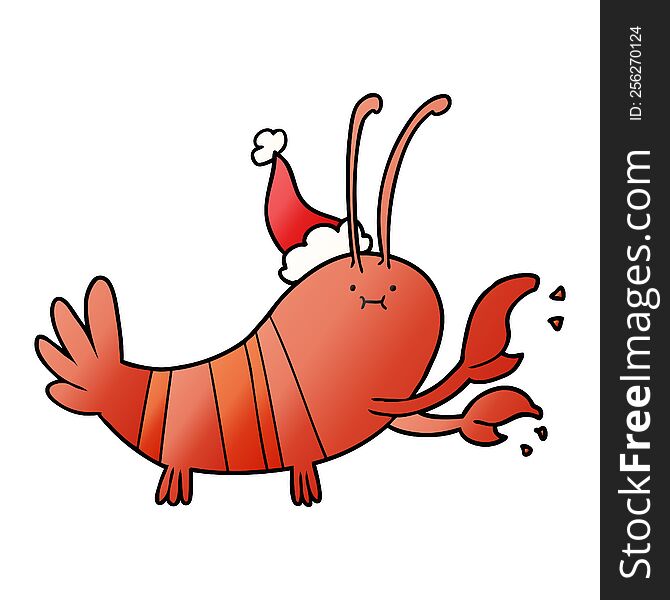 hand drawn gradient cartoon of a lobster wearing santa hat