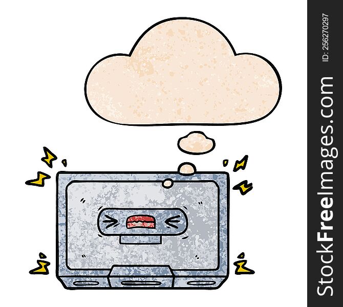 cartoon angry old cassette tape and thought bubble in grunge texture pattern style