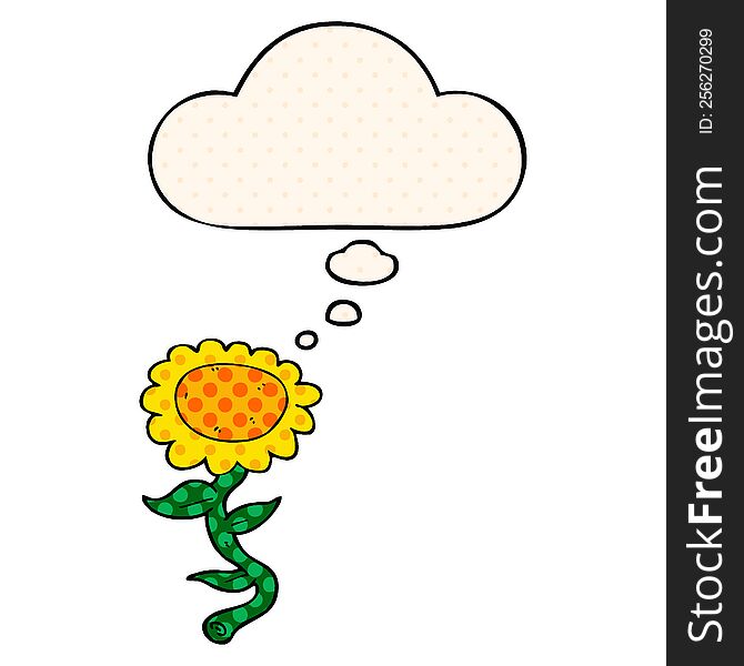 cartoon sunflower with thought bubble in comic book style