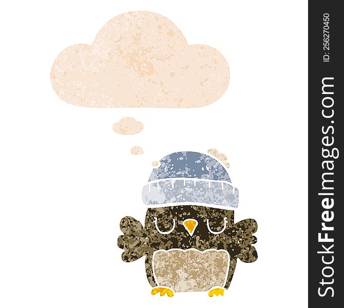 Cute Cartoon Owl In Hat And Thought Bubble In Retro Textured Style
