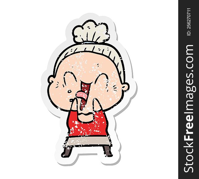 Distressed Sticker Of A Cartoon Happy Old Woman