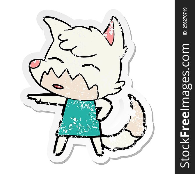 Distressed Sticker Of A Cartoon Fox In Dress Pointing