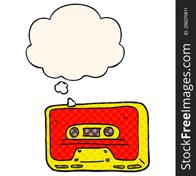 cartoon old tape cassette with thought bubble in comic book style