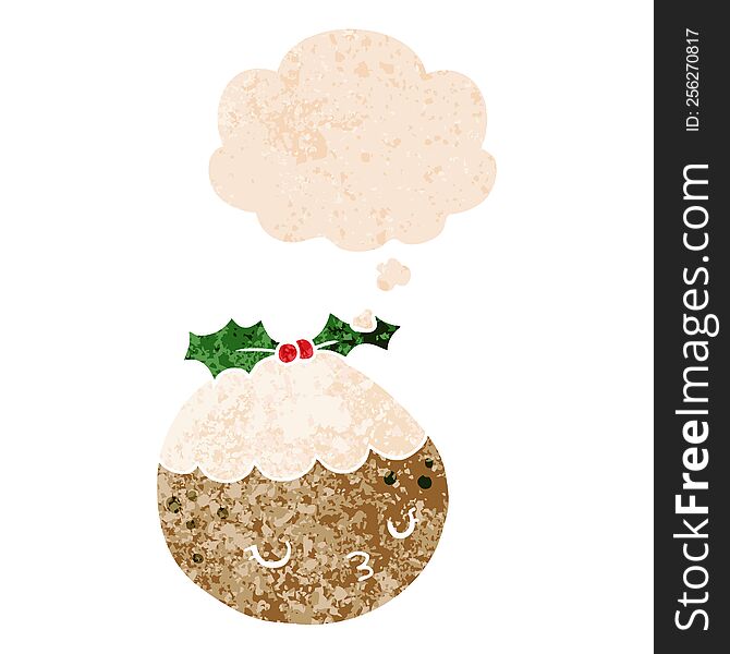 Cute Cartoon Christmas Pudding And Thought Bubble In Retro Textured Style