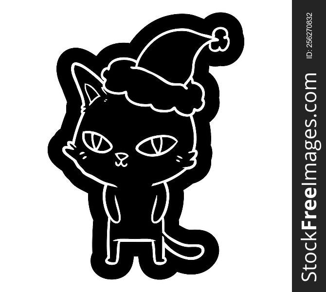 Cartoon Icon Of A Cat With Bright Eyes Wearing Santa Hat