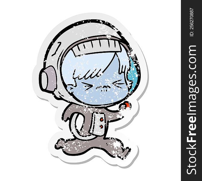 Distressed Sticker Of A Angry Cartoon Space Girl Running