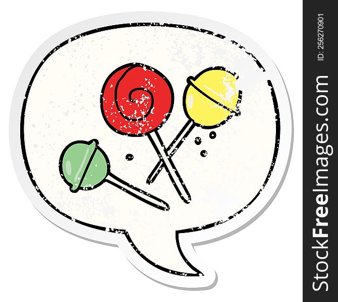 Cartoon Traditional Lollipop And Speech Bubble Distressed Sticker