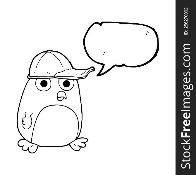 freehand drawn speech bubble cartoon bird in cap