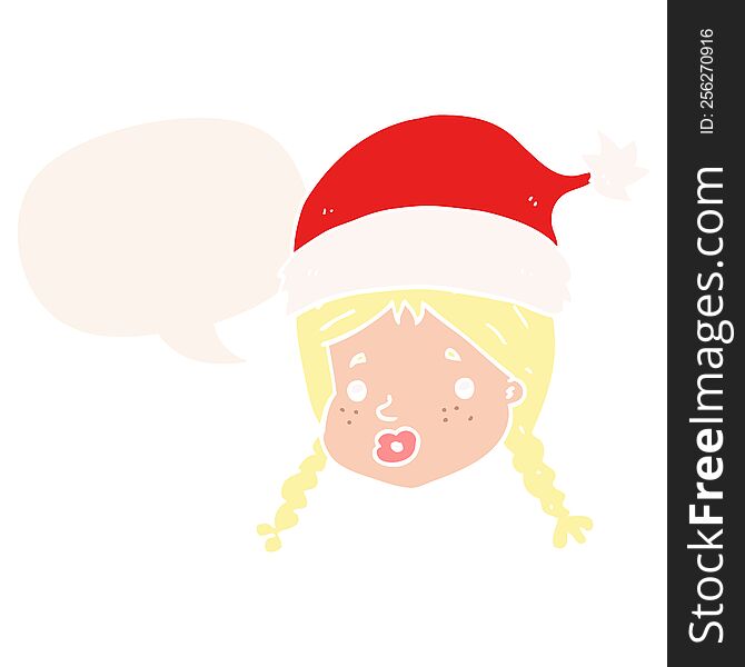 cartoon girl wearing christmas hat with speech bubble in retro style