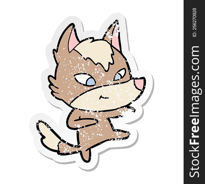 Distressed Sticker Of A Friendly Cartoon Wolf Dancing