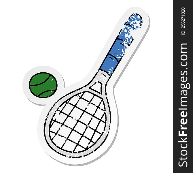 hand drawn distressed sticker cartoon doodle tennis racket and ball
