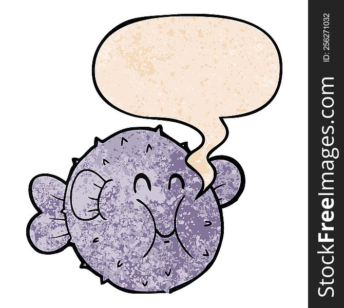 cartoon puffer fish and speech bubble in retro texture style