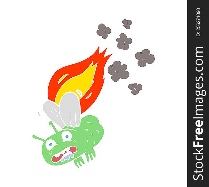 Flat Color Illustration Of A Cartoon Fly Crashign And Burning