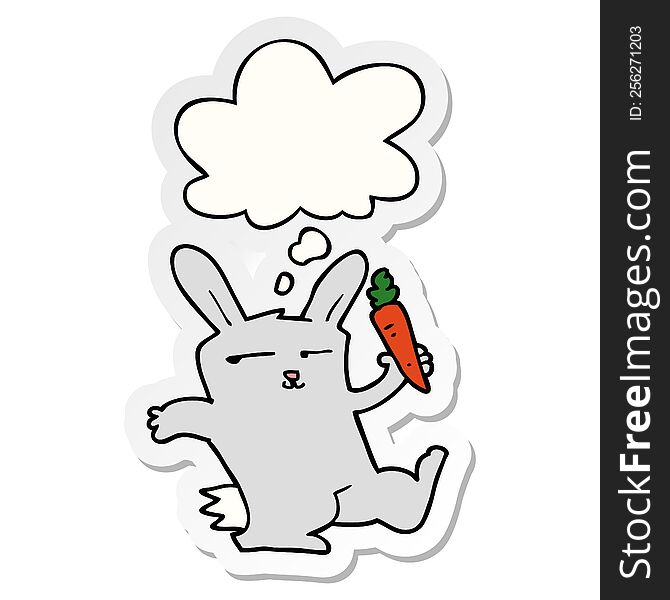 cartoon rabbit with carrot with thought bubble as a printed sticker
