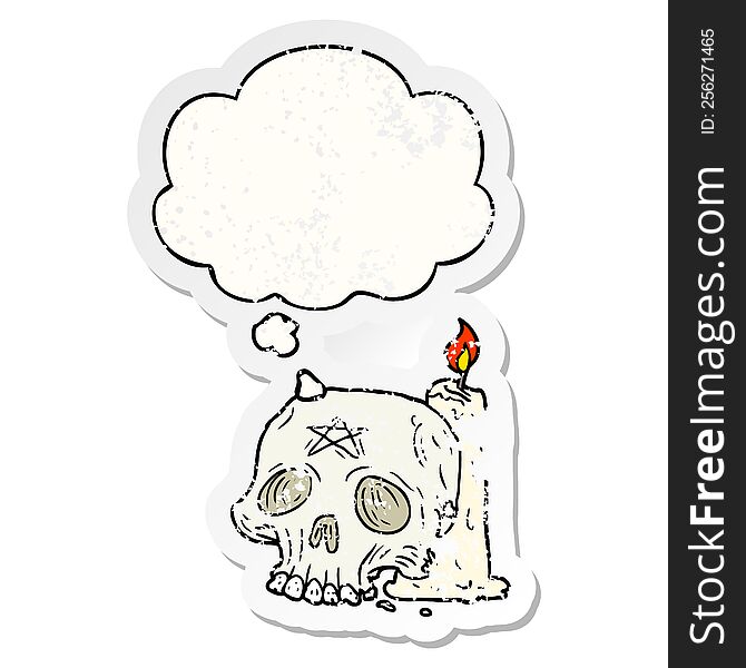 Cartoon Spooky Skull And Candle And Thought Bubble As A Distressed Worn Sticker