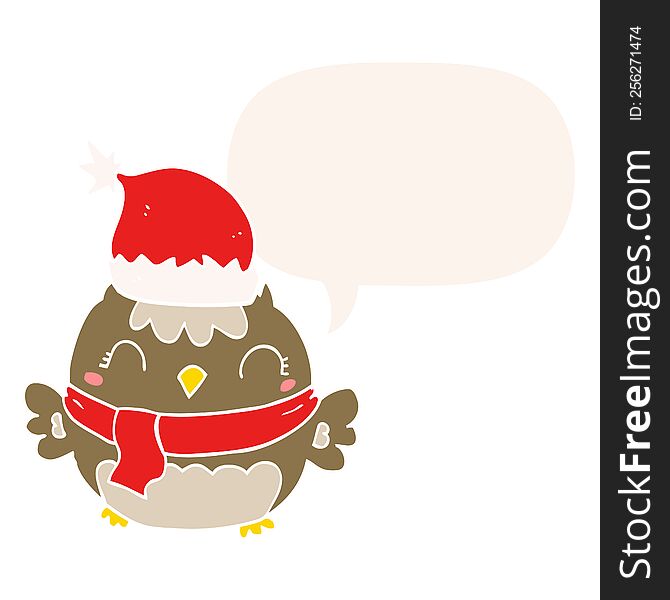 Cute Christmas Owl And Speech Bubble In Retro Style